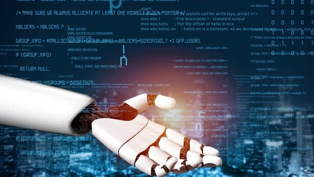 Futuristic robot artificial intelligence revolutionary AI technology development and machine learning concept. Global robotic bionic science research for future of human life. 3D rendering graphic.