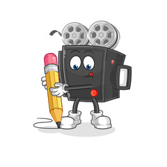 film camera write with pencil. cartoon mascot vector