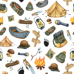 Camping watercolor seamless pattern. Camping background. 