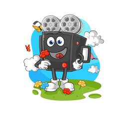 film camera pick flowers in spring. character vector