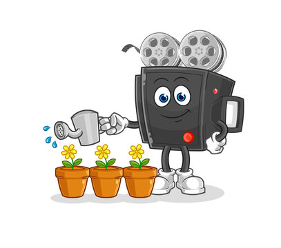 film camera watering the flowers mascot. cartoon vector