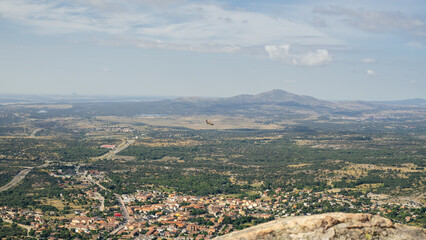 Panoramic view of a village in the countryside from the mountains