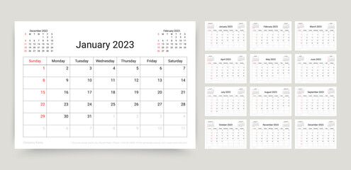 2023 calendar. Planner template. Week starts Sunday. Yearly calender organizer. Desk schedule grid. Table monthly diary layout with 12 month. Vector illustration. Paper size A5. Horizontal design.