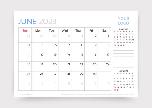 June 2023 year calendar. Planner calender template. Week starts Sunday. Desk monthly organizer. Timetable layout. Corporate diary. Table schedule grid. Vector simple illustration. Paper size A5