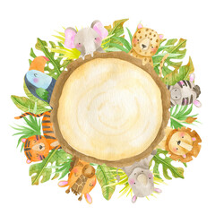 Watercolor illustration - cute animals from the African. Cartoon wild animal with wooden board sign.