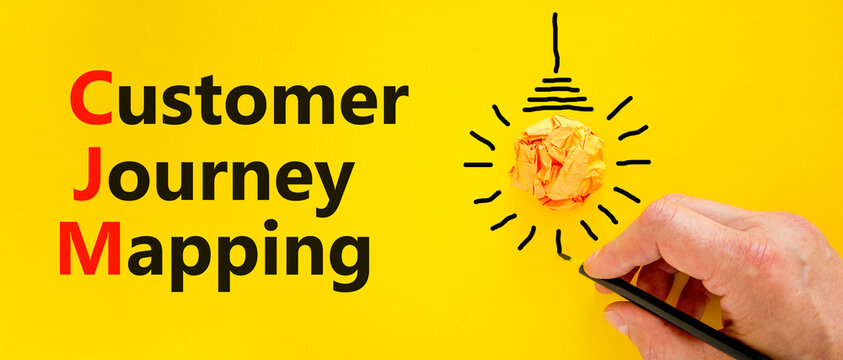 CJM customer journey mapping symbol. Concept words CJM customer journey mapping on yellow paper on a beautiful yellow background. Business and CJM customer journey mapping concept. Copy space.