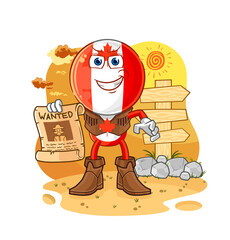 canada flag head cowboy with wanted paper. cartoon mascot vector