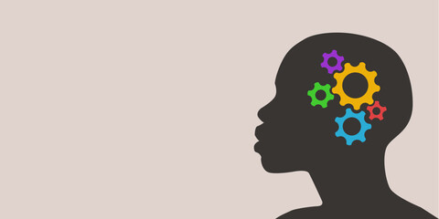 Silhouette of a person head with gears. Metaphor of thought process mechanism into man brain and head from idea to success for website banner