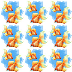 Goldfish with blue element. Seamless pattern. Digital art.