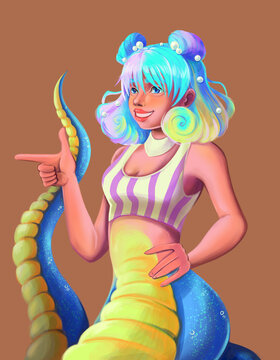 Lamia. Kawaii girl with snake tail. Cute monster. Fantasy character digital art.