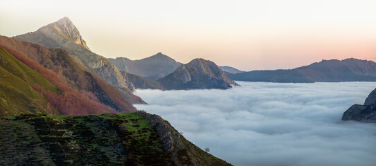 Scenic and beautiful landscape of a valley in Somiedo Natural Park, Asturias, Spain, a morning with...