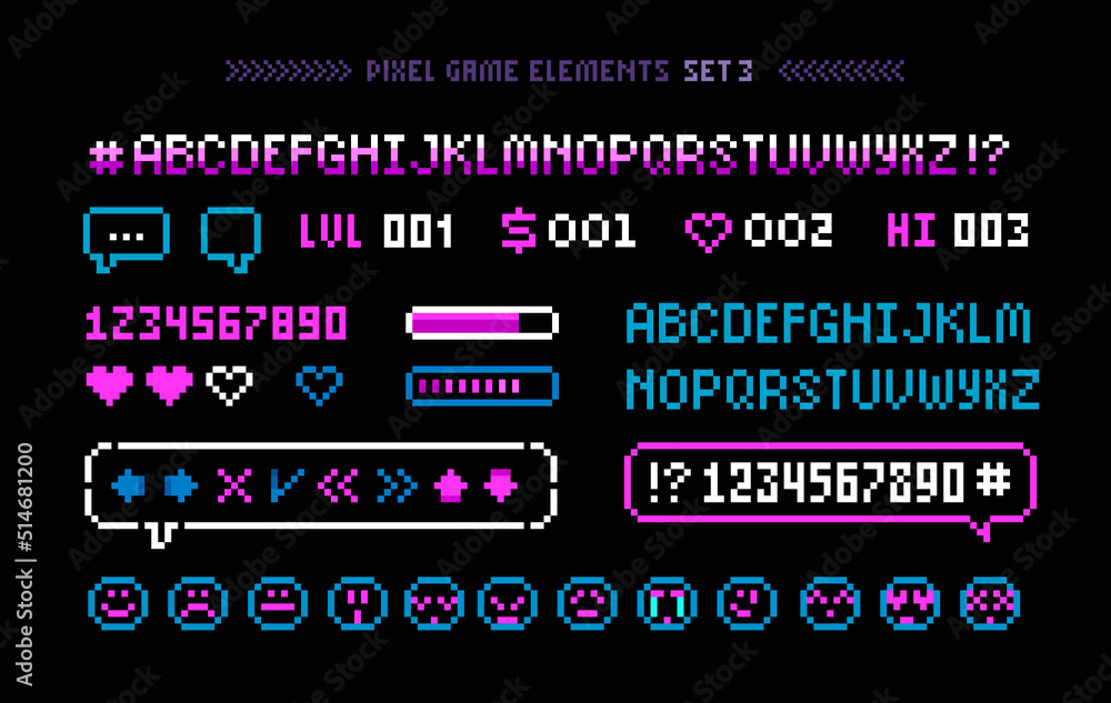 Poster Pixel Arcade game elements with icons, signs and font alphabet. loading bar. Heart and energy scale. 8-bit Retro video game sprites. Pixelated arcade menu elements in 80s - 90s style. Vector template