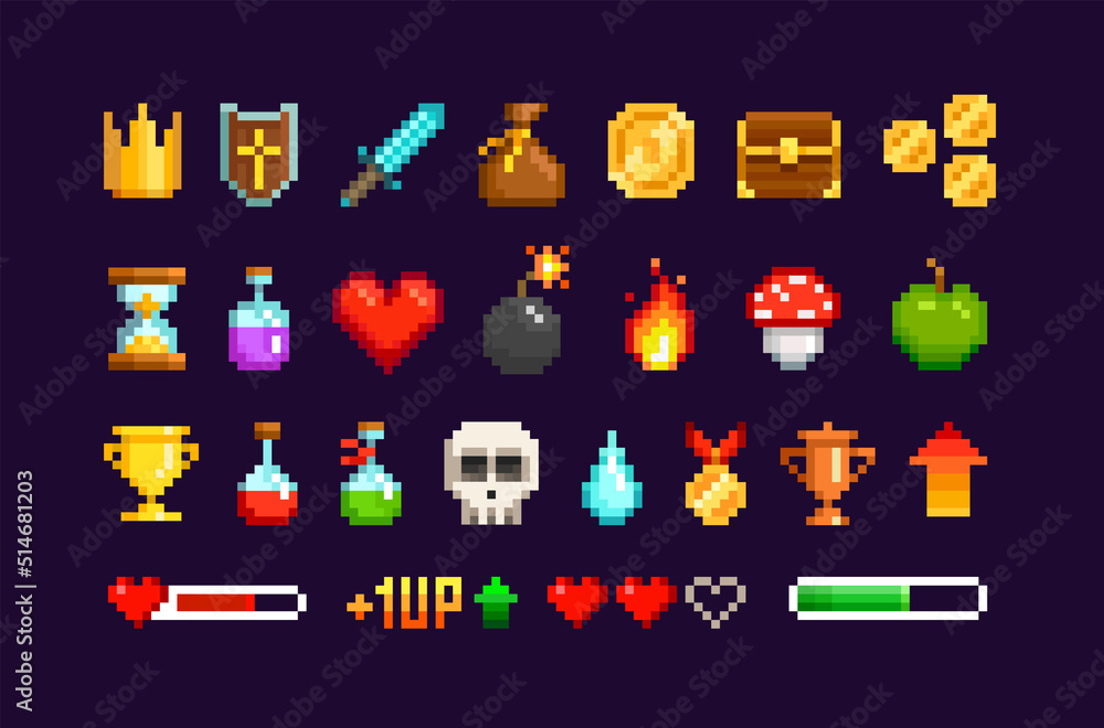 Poster vector pixel art retro game icons set of 8-bit style weapon, heart, fire, skull etc. level up. pixel