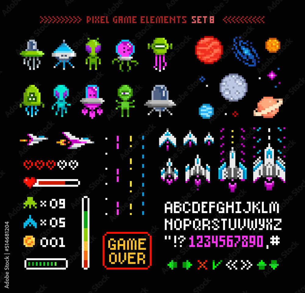 Poster retro space arcade game interface elements with pixel art icons, planets, ufo aliens, space ships, r