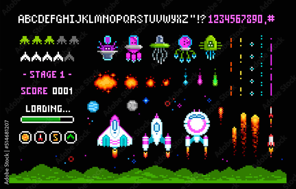 Poster pixel art 8 bit arcade game interface elements with icons. ufo aliens, space ships, rockets, . vinta