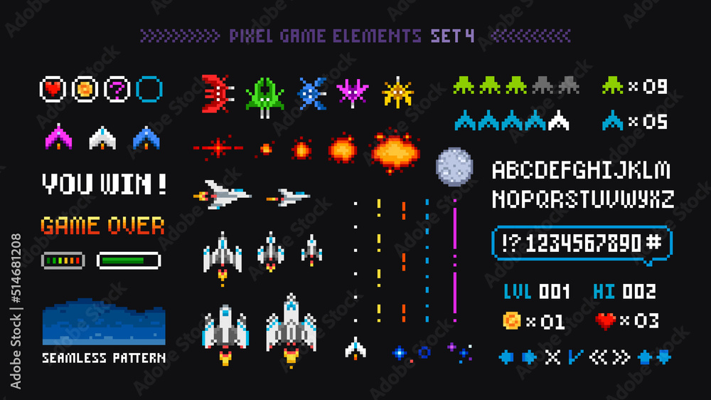 Poster space arcade game interface elements with pixel art icons, planets, ufo aliens, space ships, rockets