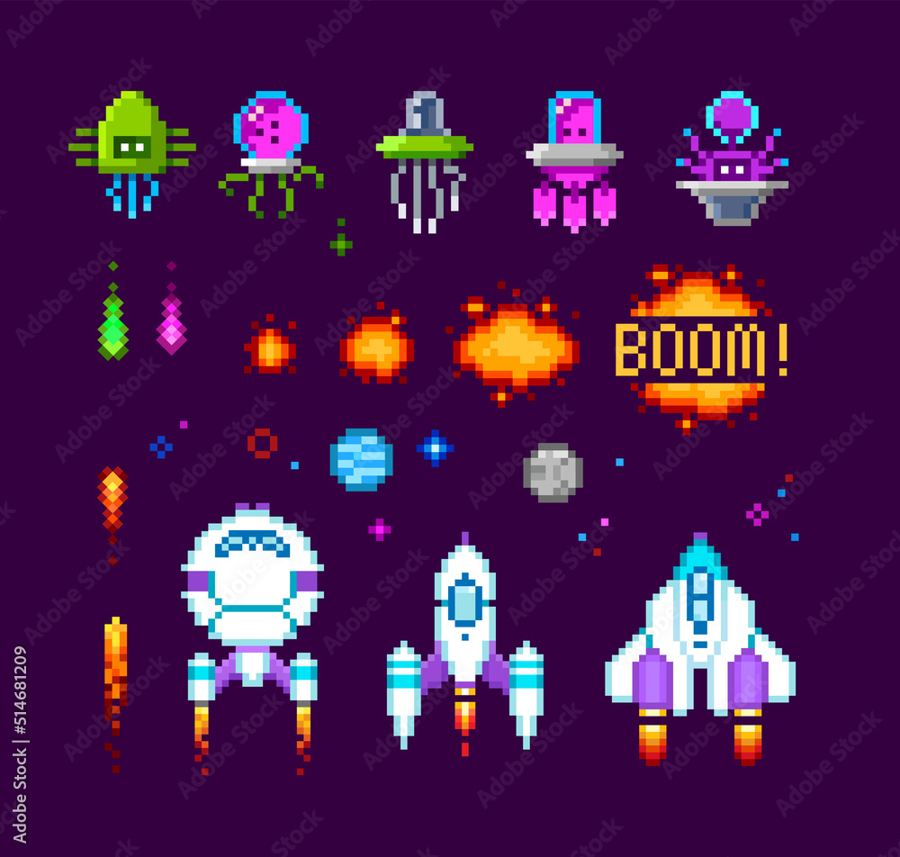 Poster pixel art arcade game elements and icons. pixel ufo aliens, space ships, rockets, explosion animatio