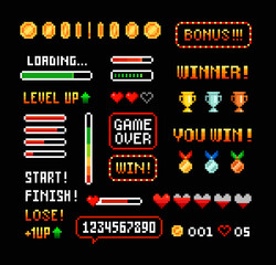 Vector Pixel Art 8-bit winner trophy cups and medals with loading bar set for retro arcade game design. Pixel gold coins, icons and signs. Retro video game interface elements in 80s - 90s style © VRTX