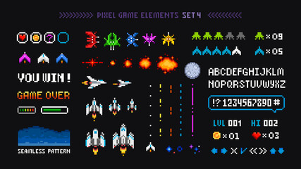 Space Arcade game interface elements with Pixel Art icons, Planets, Ufo aliens, space ships, rockets. Vintage 8-bit computer game in 80s -90s style. Retro video game sprites. Vector template © VRTX
