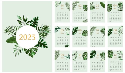 Vertical 2022 calendar design. Week starts on Sunday. Printable calendar page template A4, A3. Abstract vector illustrations with leaves in pastel colors. Calendar on  green background