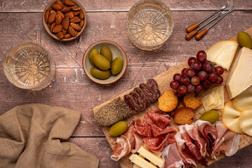 Food photography of appetizer, cheese, snack, salami