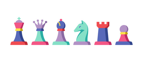 Chess pieces modern bright design. King, queen, bishop, knight, rook and pawn.