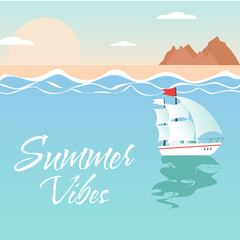 Summer landscape. Sea, mountains and boat. Sammer vibes. Vector illustration