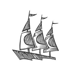 Sailing yacht floats on waves. Side view. Vector sketch. Hand drawing isolated on white background