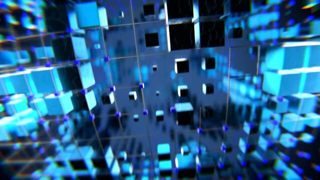 Rotation of cubes around the camera. Abstract cubes. Seamless video. Looped animation.