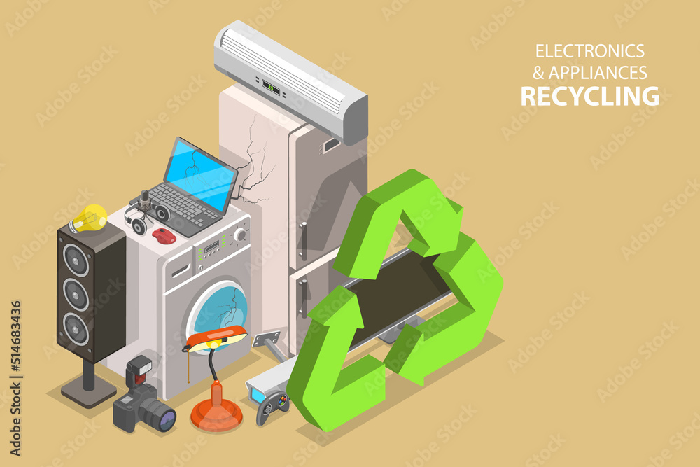 Wall mural 3d isometric flat vector conceptual illustration of electronics and appliances recycling, e-waste ma