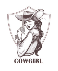 Cowgirl, western girl with gun. Silhouette. Old, vintage style