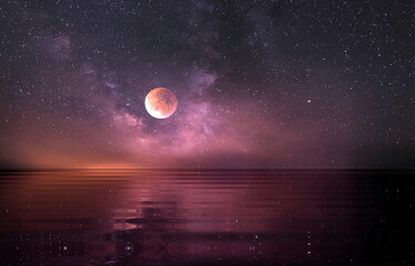 Fototapeta na wymiar moon on lilac blue starry night at sea water wave reflection milky way 