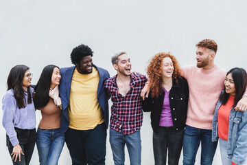 Diverse group of friends having fun together outdoor - Focus on gay man wearing makeup