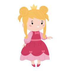 Beautiful kawaii princess on white background. Cartoon characters for fairy tale. Cute pink dress with bows. Vector illustration.
