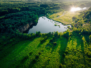 Turquiose Water and Wooden Bridge. Aerial Landscape. Park Grodek in Jaworzno, Poland. Polish Maldives.