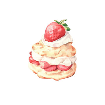 Strawberry shortcake with cream on white background. Watercolor. Delicious food illustration.