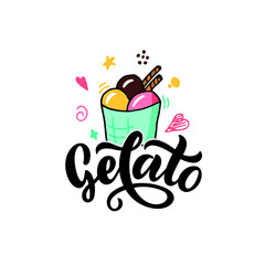 Gelato hand drawn text. Modern brush calligraphy, lettering typography. Template for cafe, menu. Design for logo, badge, sticker, label, emblem, stamp. Vector illustration isolated on white background