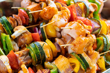 meat and vegetable skewers ready for grilling