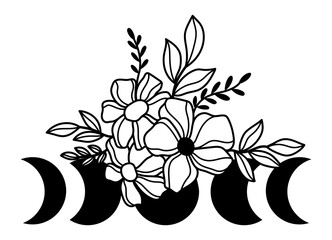 Flowers moon phases vector illustration. Florals celestial moon
