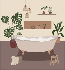 Bathroom interior illustration. Modern trendy minimal bathroom vector in boho design with plants and decorations