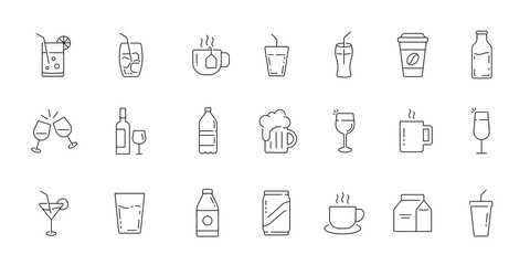 Drinks icon set. Cups, glasses, bottles sign. Vector illustration in outline style.