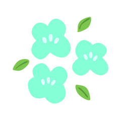 Blue abstract flowers with leaves . Cute naive floral elements isolated on white background. Spring or summer cartoon flowers.Modern botanical drawings of blooming wildflowers