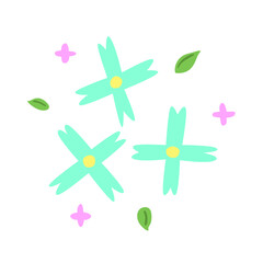 Blue  abstract flowers with yellow  centre and leaves . Cute naive floral elements isolated on white background. Spring or summer cartoon flowers.Modern botanical drawings of blooming wildflowers