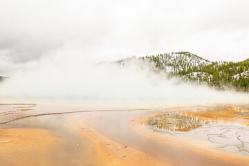 foggy landscape at hot springs in Yellowstone national Park
