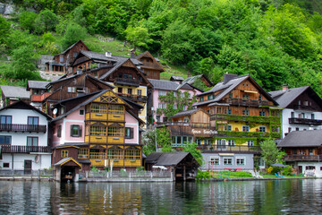 Obraz premium view of the alpine village from the ferry