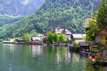Naklejka premium view of the alpine village from the ferry