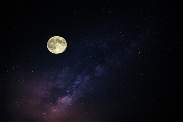 big moon on  night  blue starry sky  dramatic clouds  nebula and milky way  universe space 