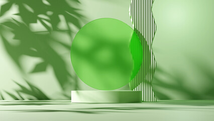 3D background, circle podium with green round glass display and leaves shadow. Abstract tropical summer minimal studio for cosmetic promotion,  beauty product presentation. 3D render advertisement