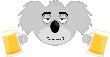 Vector illustration of the face of a drunk cartoon koala with beers in his hands