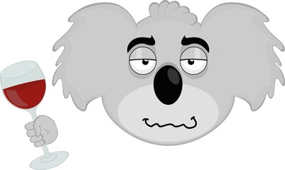Vector illustration of the face of a drunk cartoon koala bear, with a glass of wine in his hand